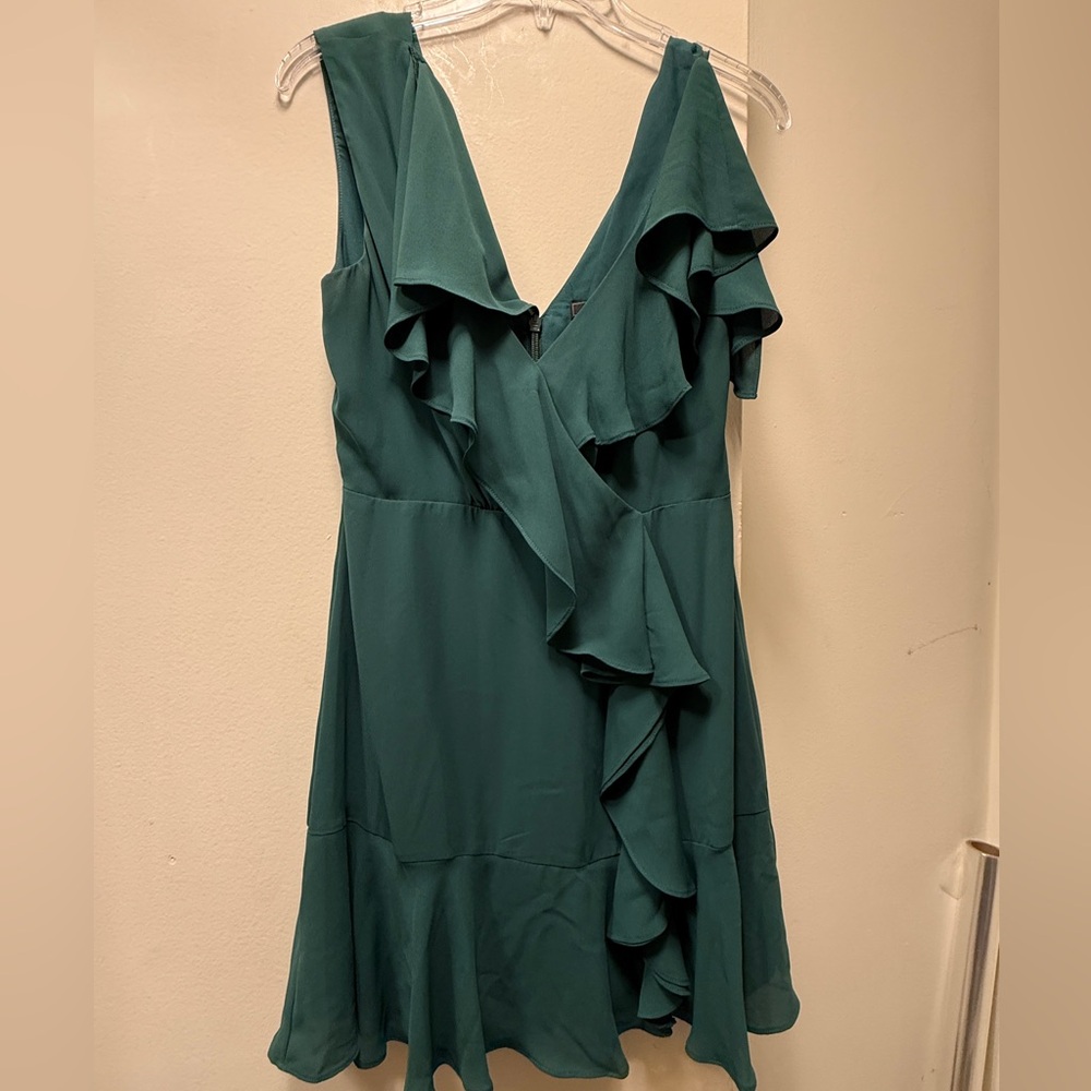 BCBGMaxAzria Teal Asymmetrical Ruffle Dress